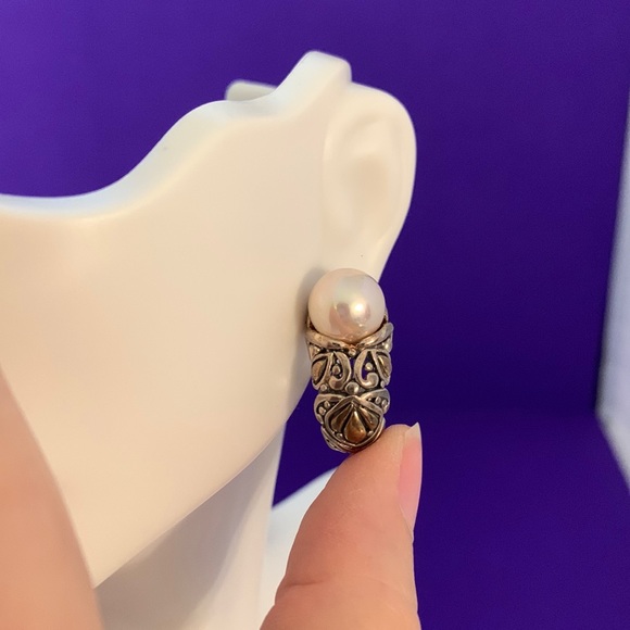 925 Sterling Silver Pearl Earrings Scroll Detail - Picture 11 of 14